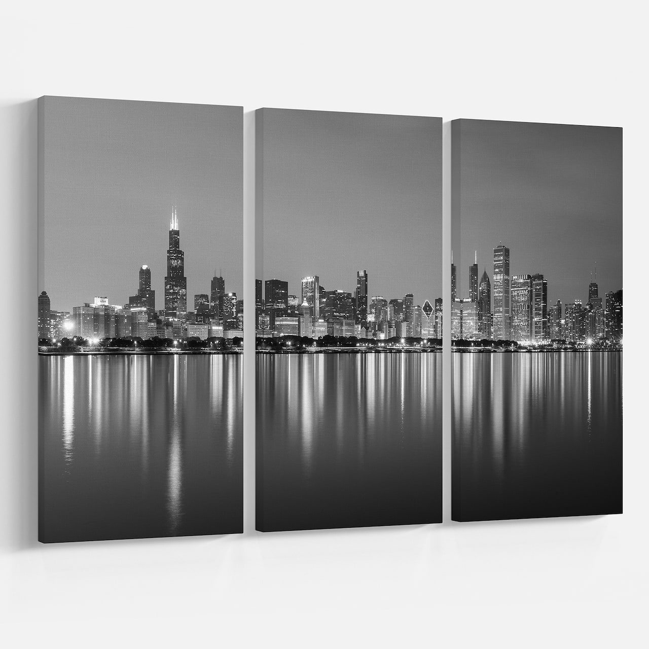Designart - Chicago Skyline at Night Black and White - Cityscape Canvas Print
